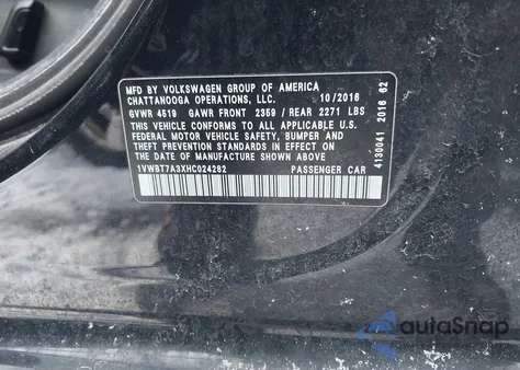 2017 Volkswagen Passat 1.8T Se из США, поврежденный, VIN 1VWBT7A3XHC024282